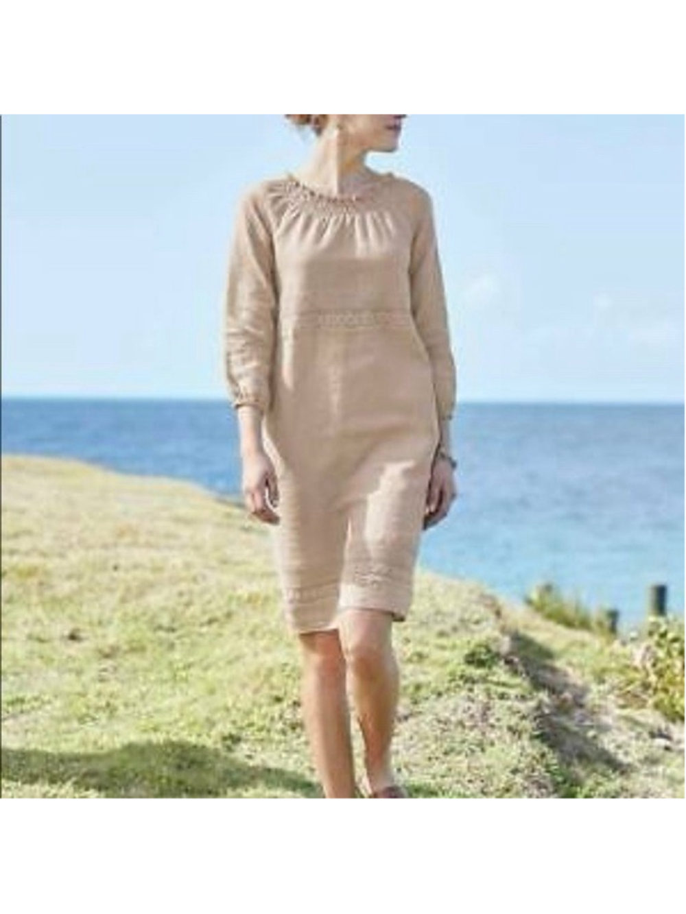 J Jill Dress Linen Beige 3/4 Sleeve M Minimalist Peasant Beach Boho Comfy Resort